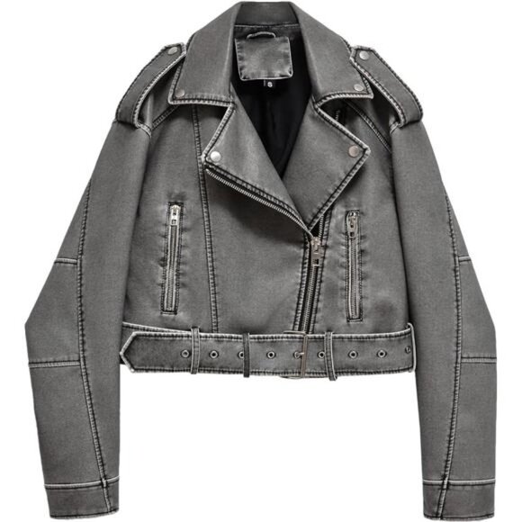 Gray Faux Leather Oversized Cropped Jacket Belted Biker Moto Jacket Coat Zip Up - Picture 1 of 8
